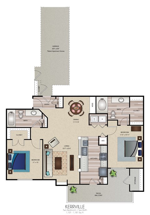 Floor plan for 2 beds, 2 baths, 1181 sqft